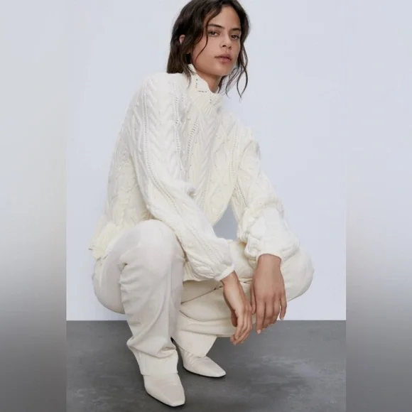 NWOT Zara Wool Blend Peplum Cable Knit Warm High Neck Cream Sweater Size Medium - Picture 3 of 13